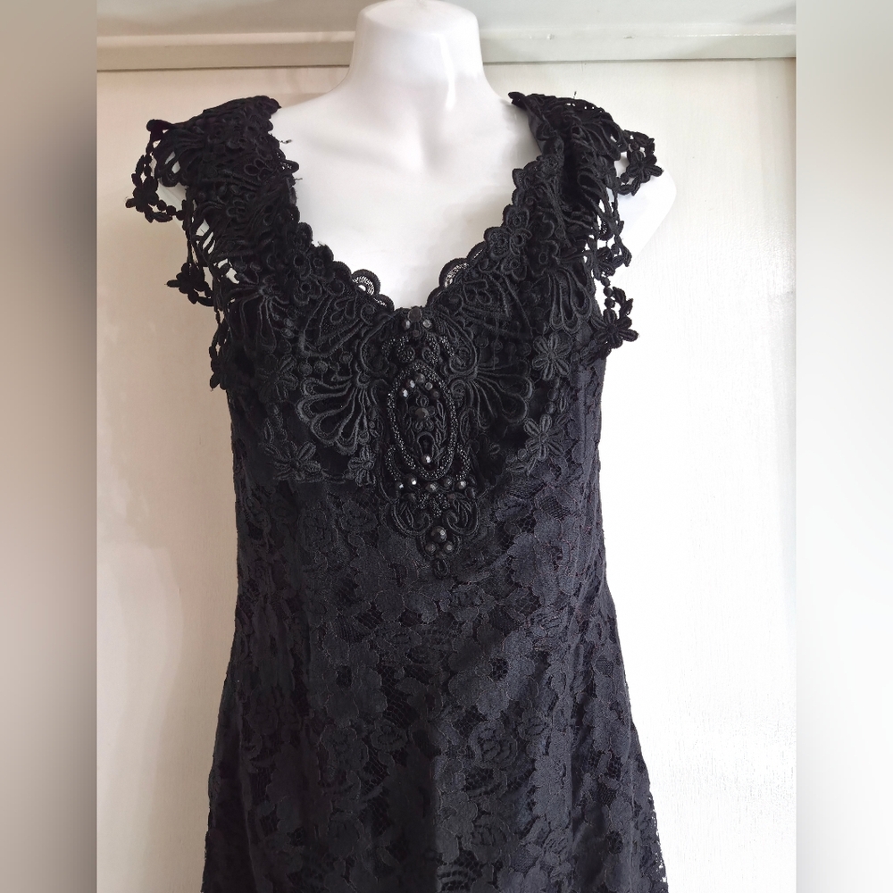 Scott McClintock Elegant Black Lace Dress. Long Asymmetric Black Cocktail Dress - Picture 8 of 13